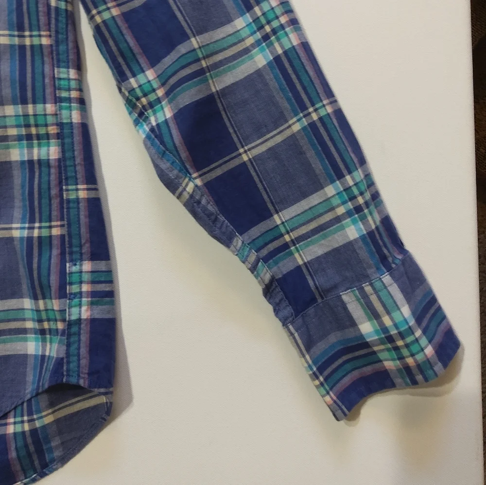 J.Crew Mens Button Down Medium Blue Green Summer Plaid‎ Slim Fit Preppy Casual